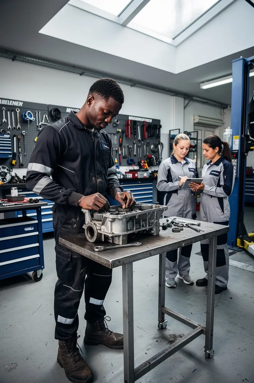 Kundengespräch mit Mechaniker, der transparent Reparaturmöglichkeiten und Kosten erläutert