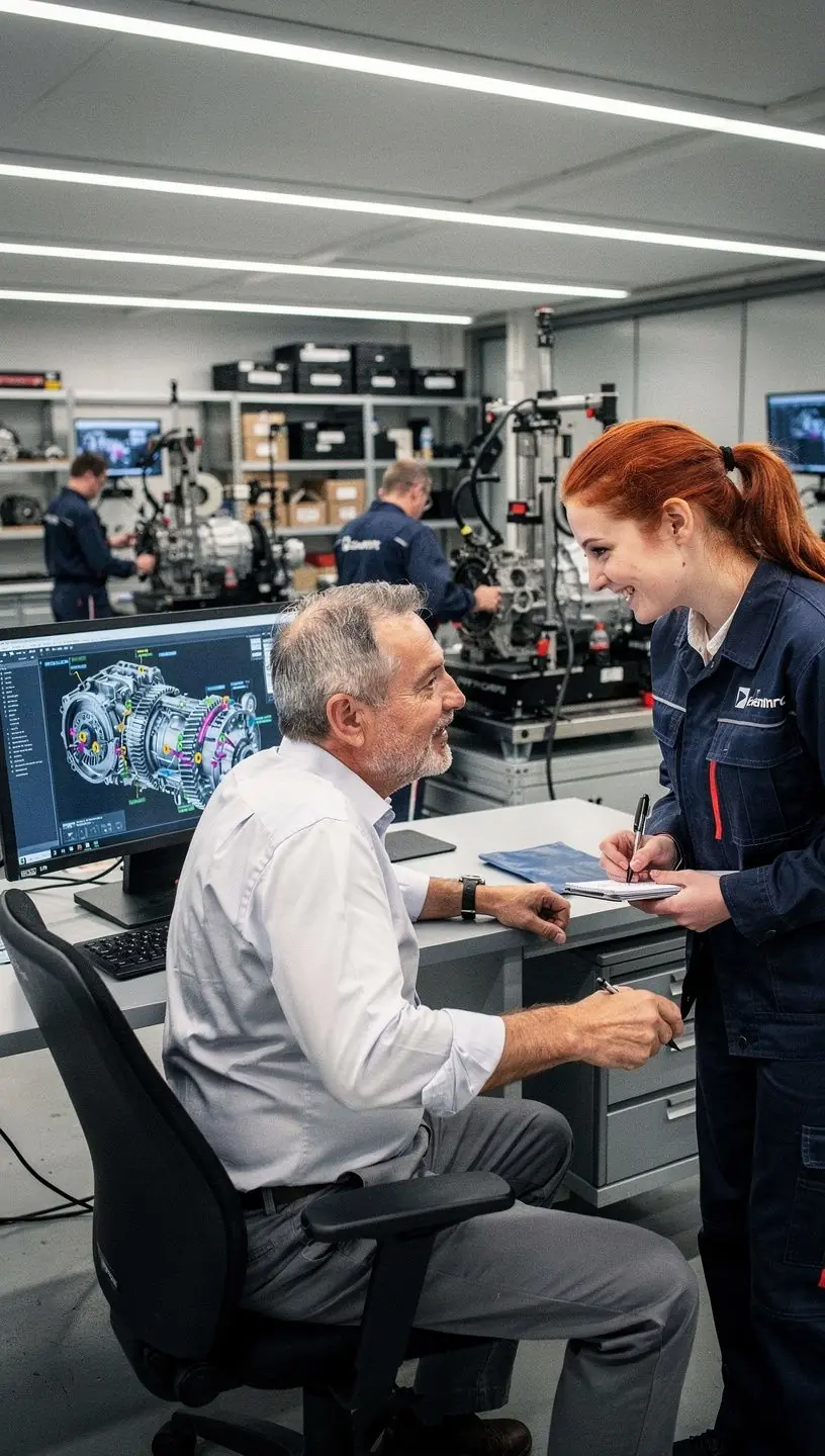 Nahaufnahme von Zahnrädern und Wellen eines Getriebes während der Wartung