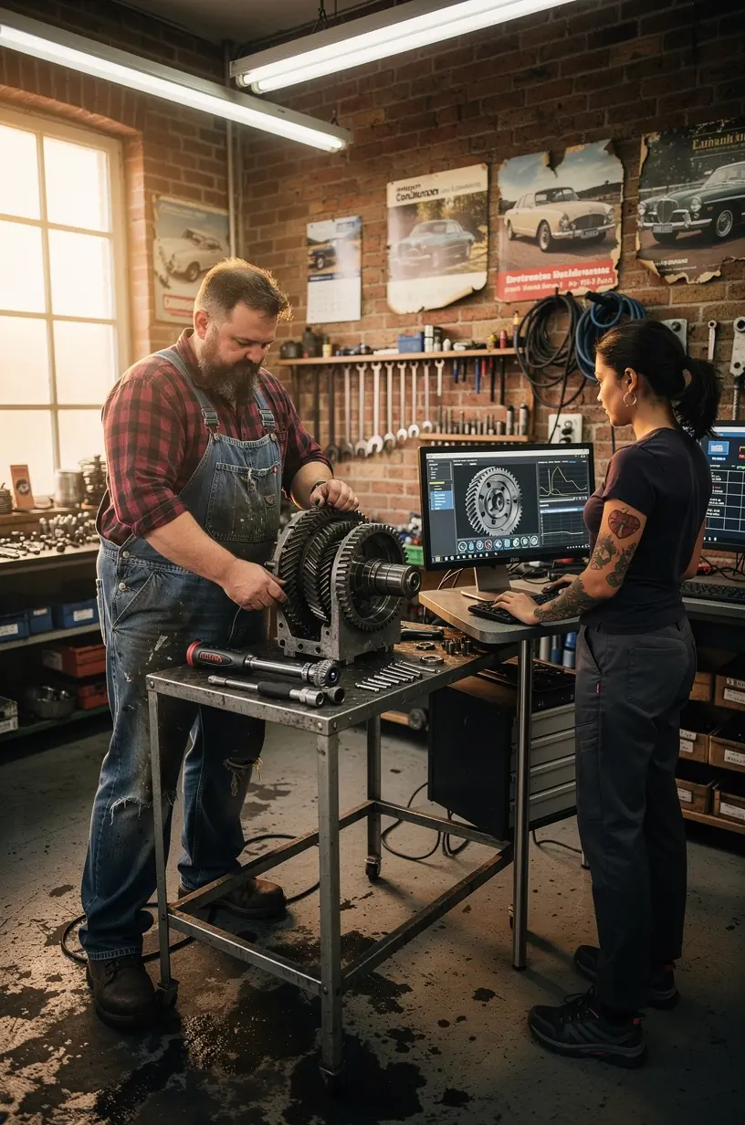 Techniker demonstriert den Austausch eines defekten Getriebeteils mit Spezialwerkzeug